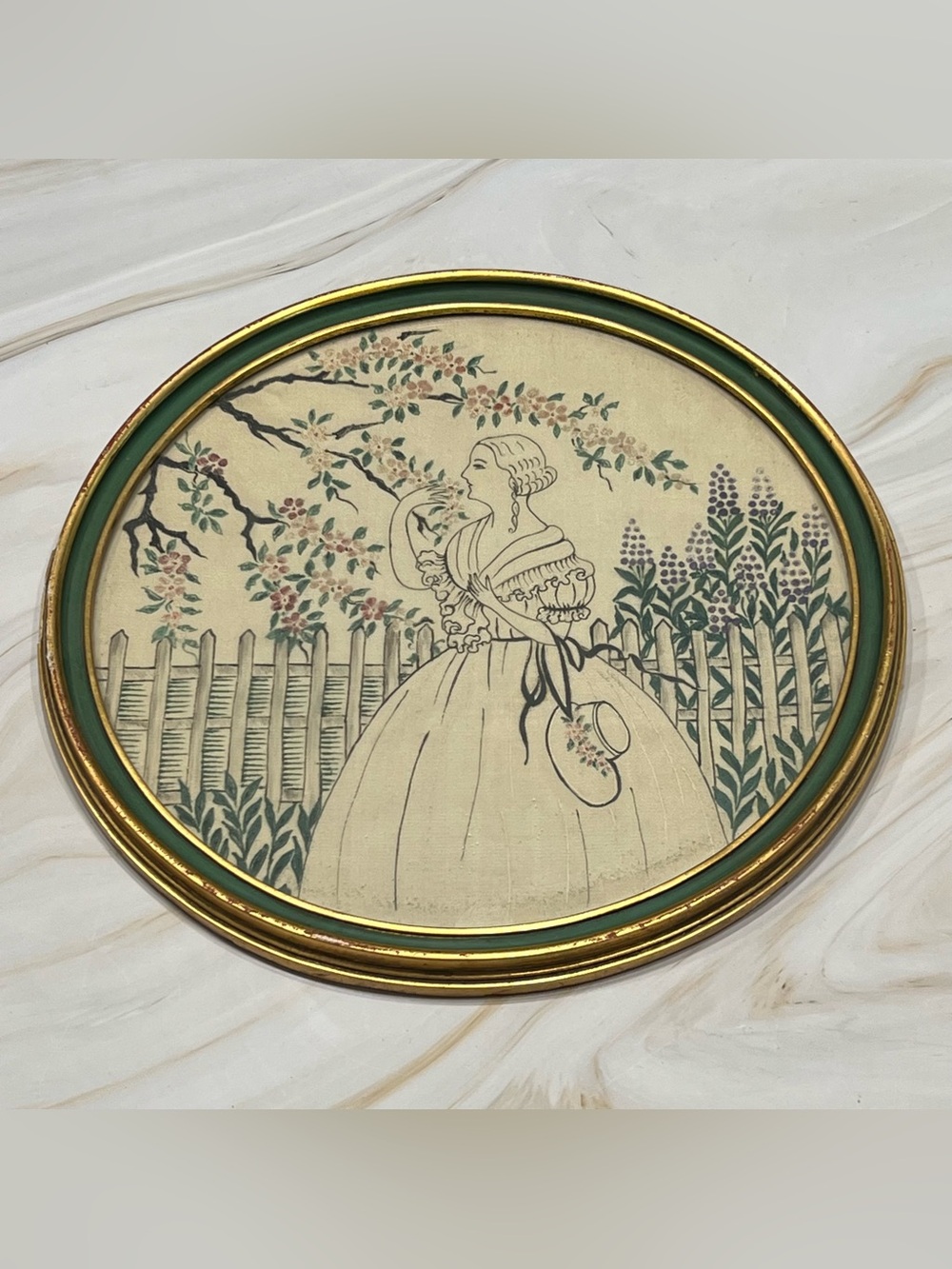 Vintage Victorian Lady Garden Textile Wall Art Round Framed Cottage Decor